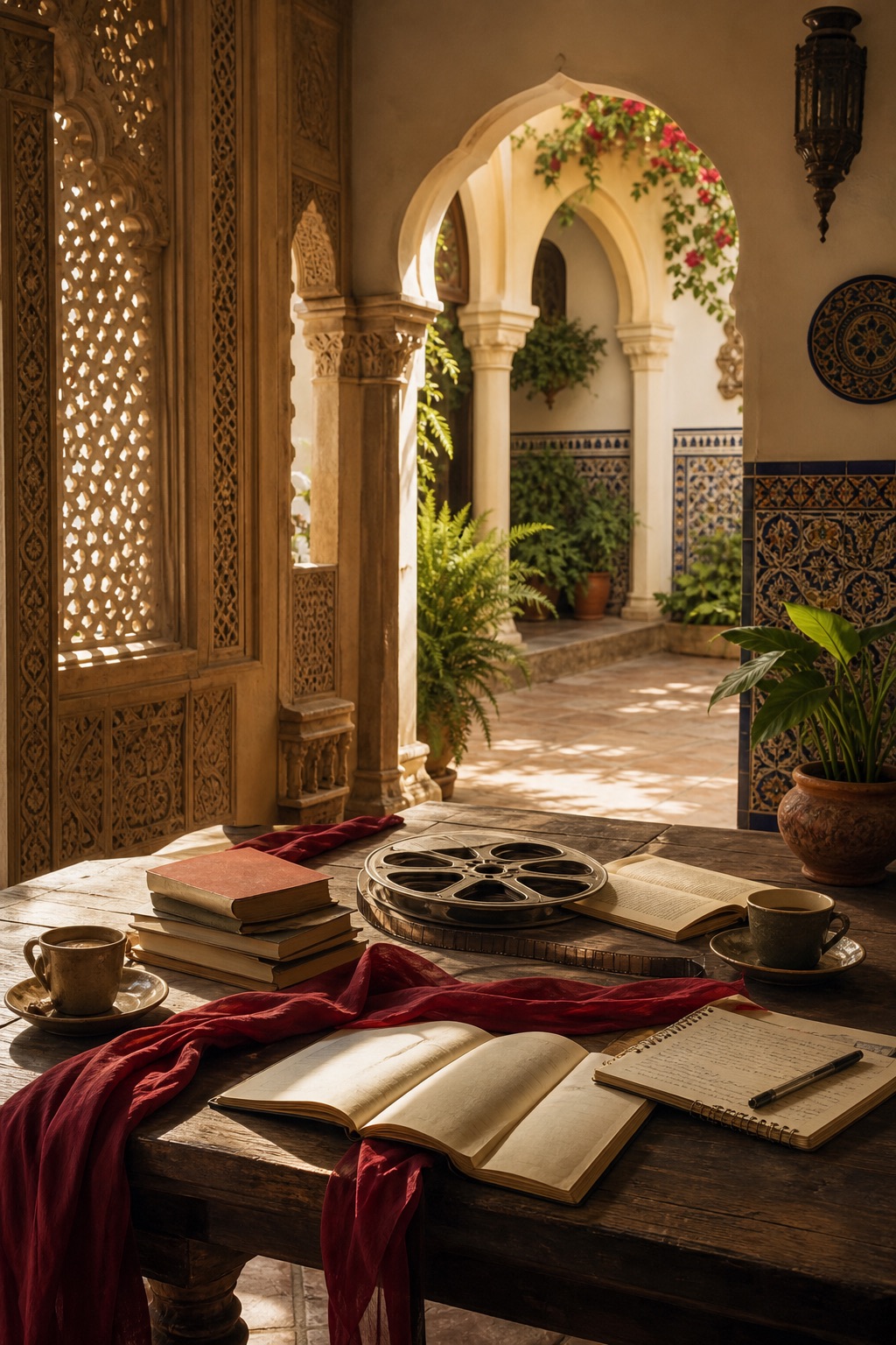 Indo-Spanish courtyard with books and film representing the Spanish House story